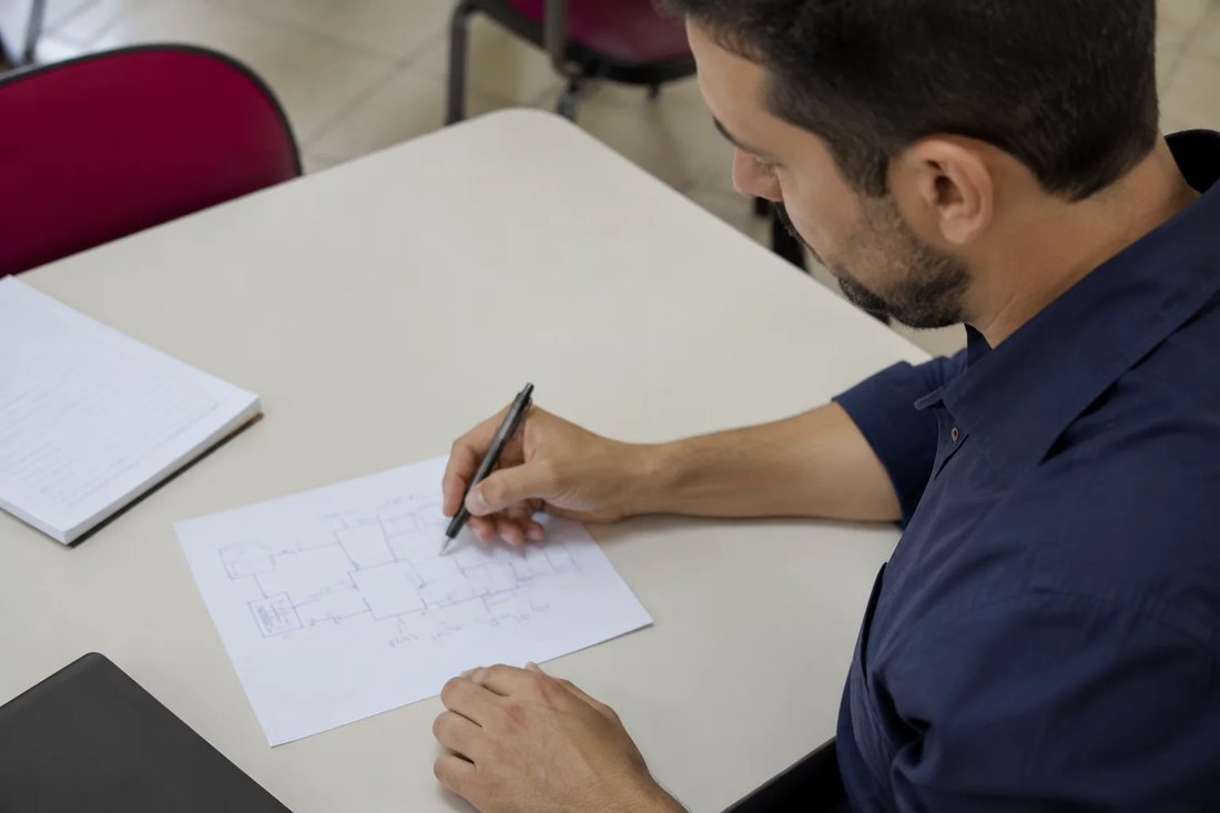 Dupla relendo anotações num tablet apoiado sobre a mesa de madeira