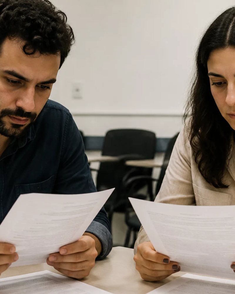 Grupo sentado numa sala clara enquanto uma pessoa defende um ponto de vista