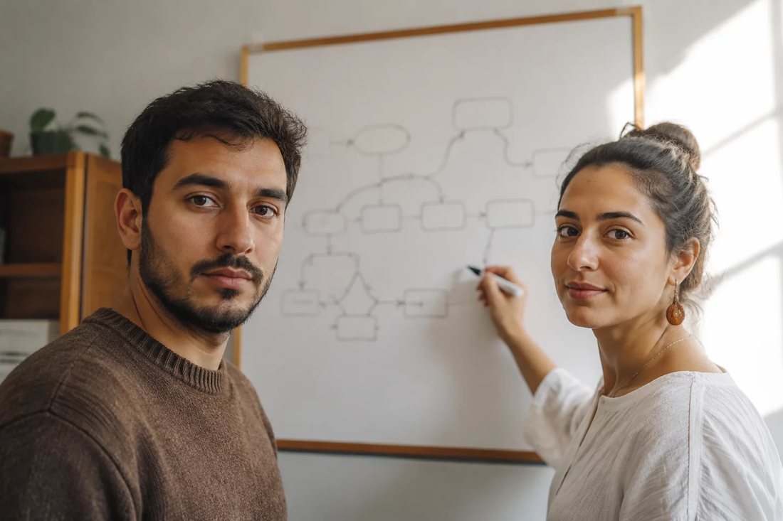 Duas pessoas diante de um quadro branco com a armação de um argumento rabiscada